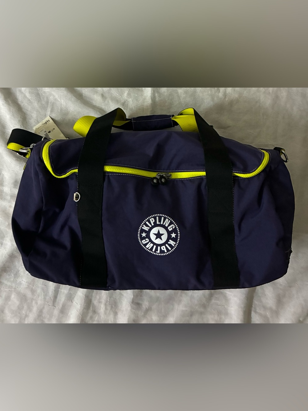 Kipling Navy Duffel with Neon Yellow Accents